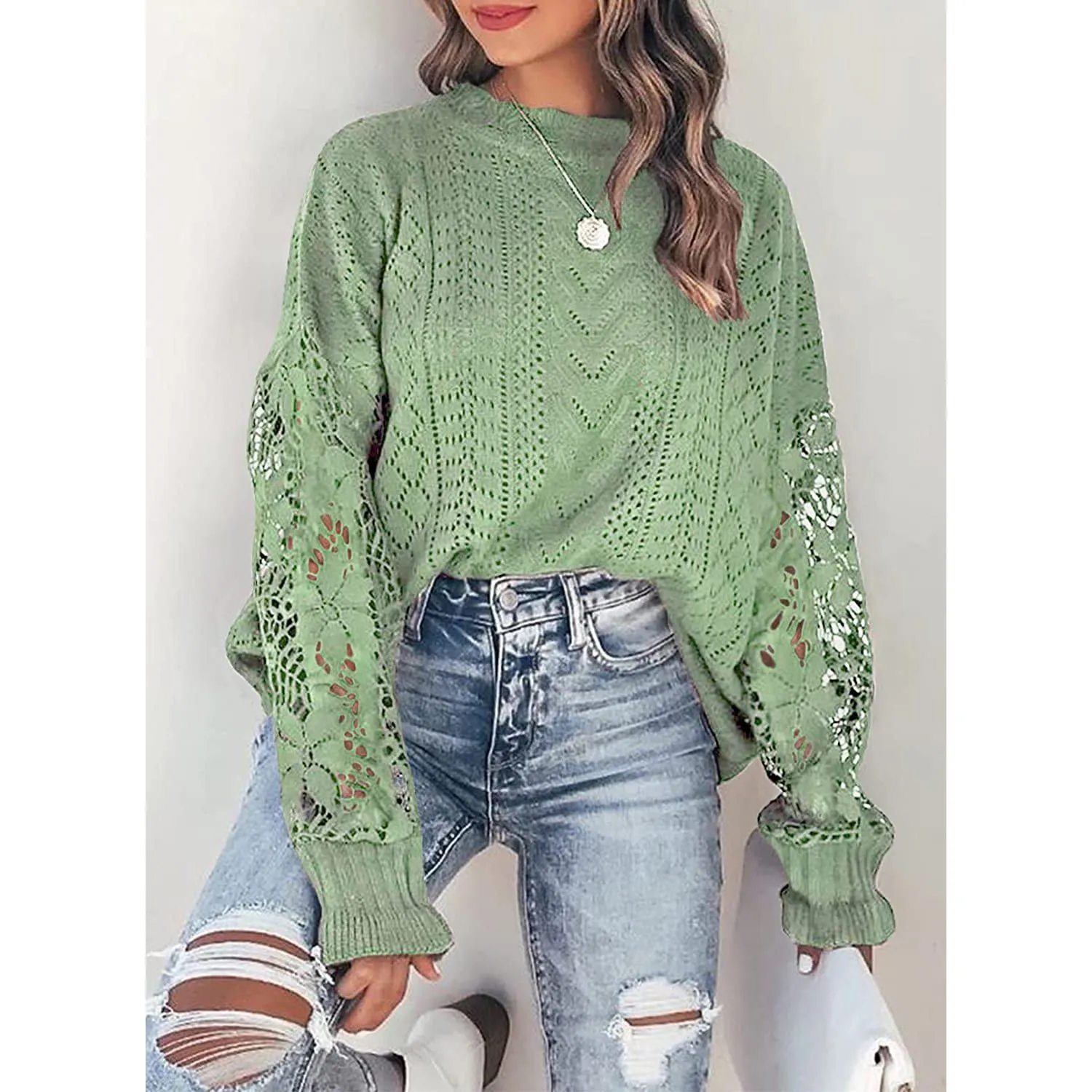 Women Lace Crew Neck Sweater