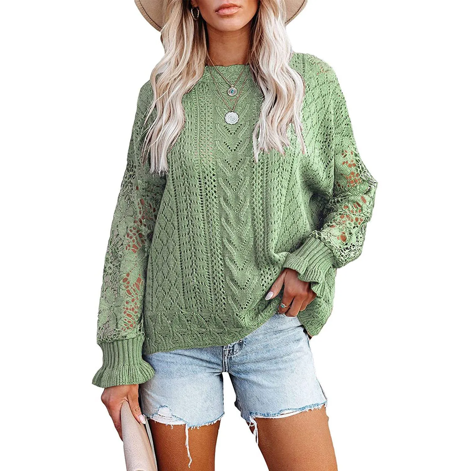 Women Lace Crew Neck Sweater