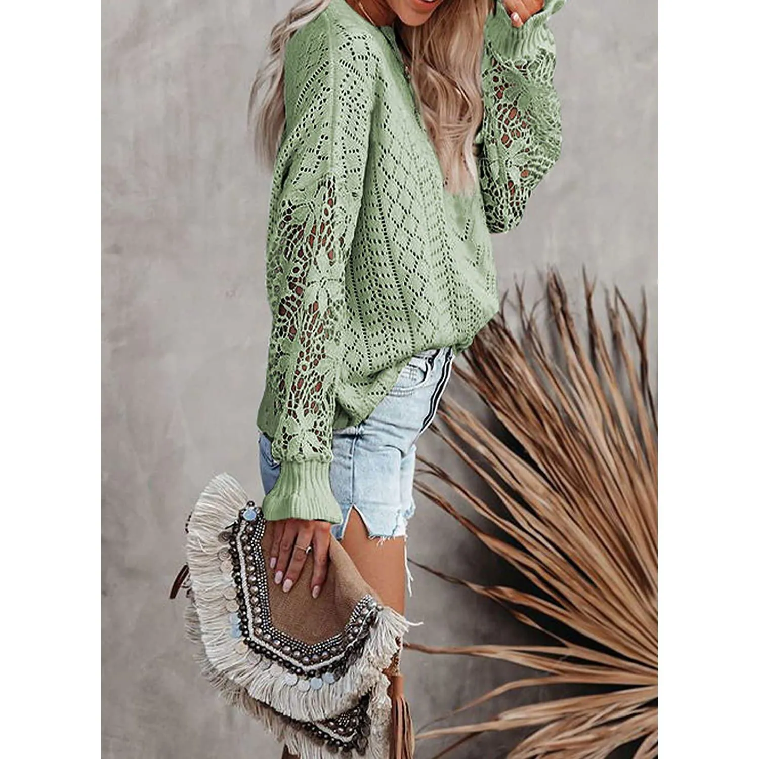 Women Lace Crew Neck Sweater