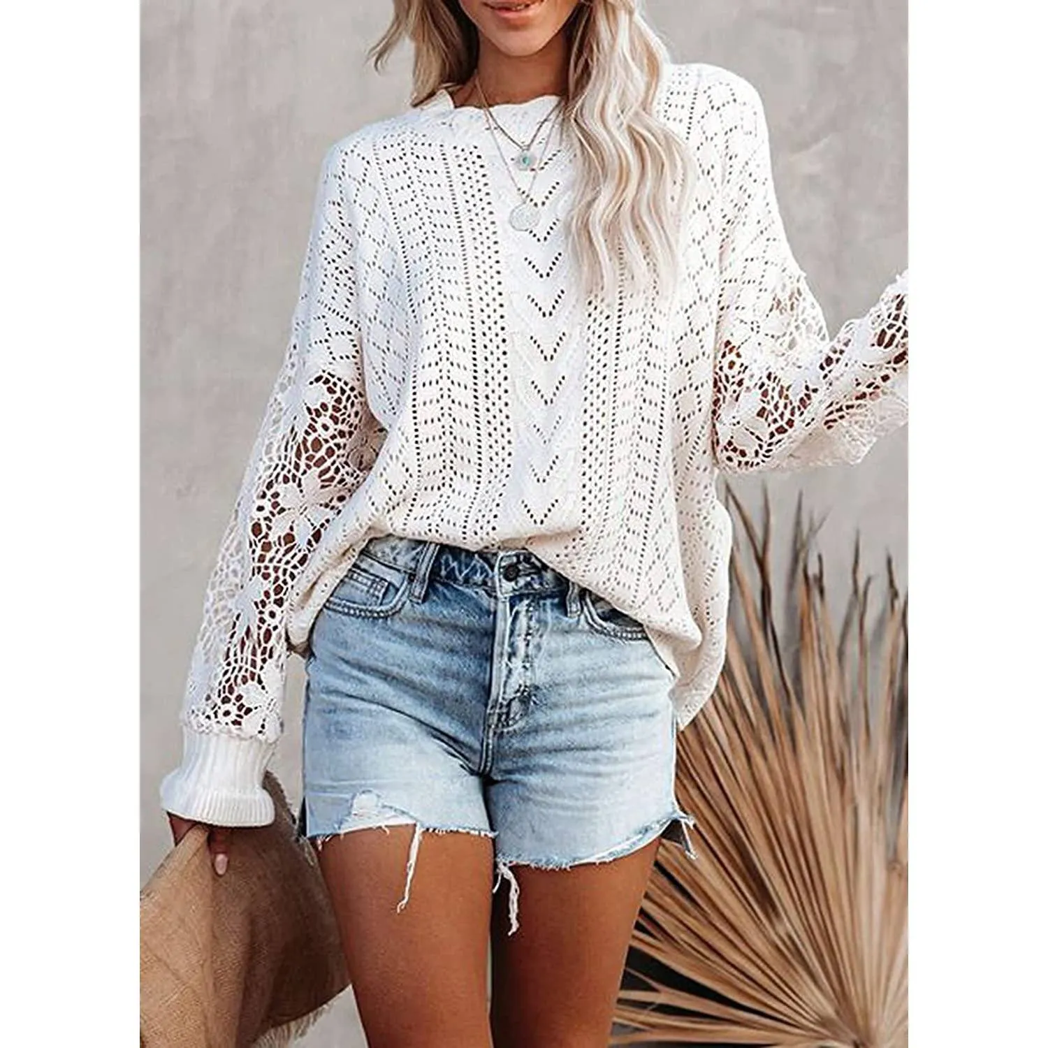 Women Lace Crew Neck Sweater
