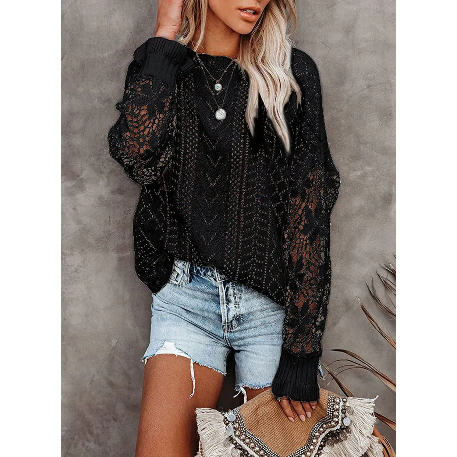 Women Lace Crew Neck Sweater