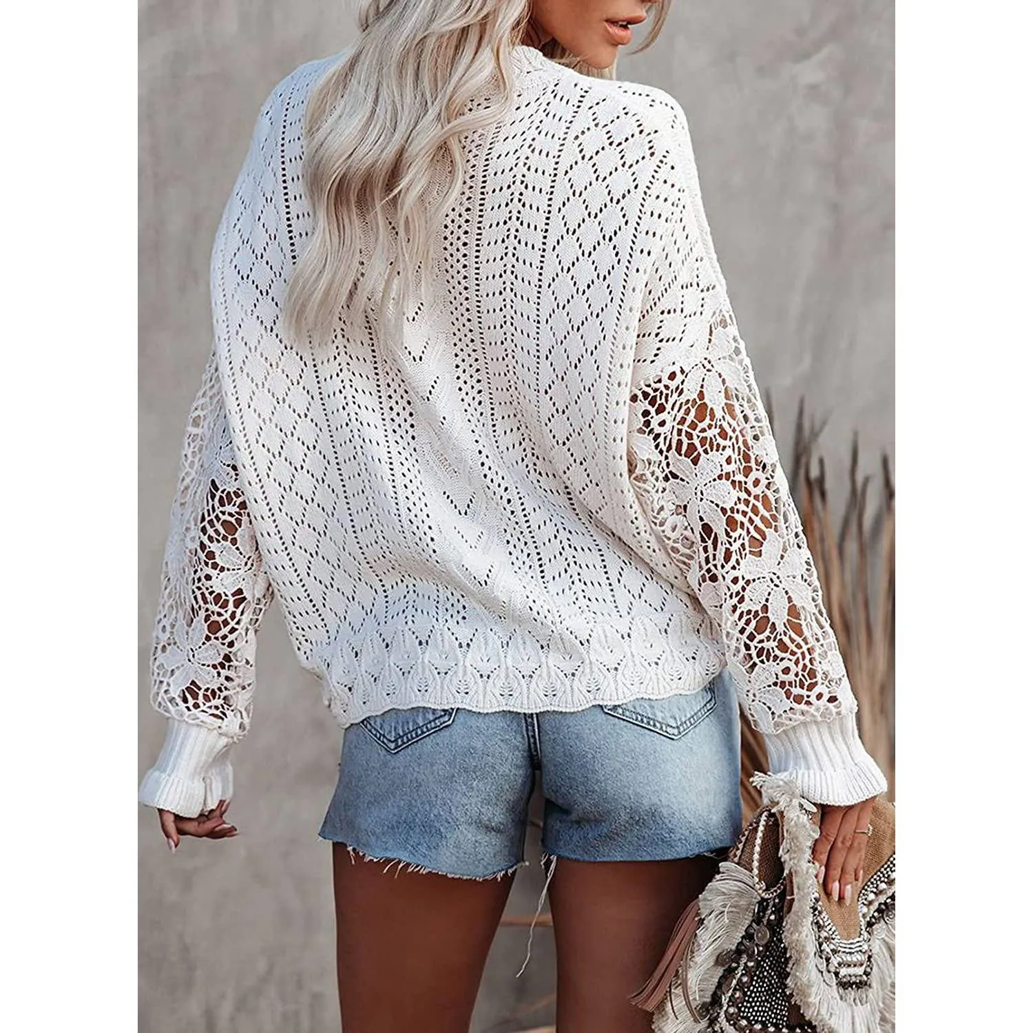 Women Lace Crew Neck Sweater