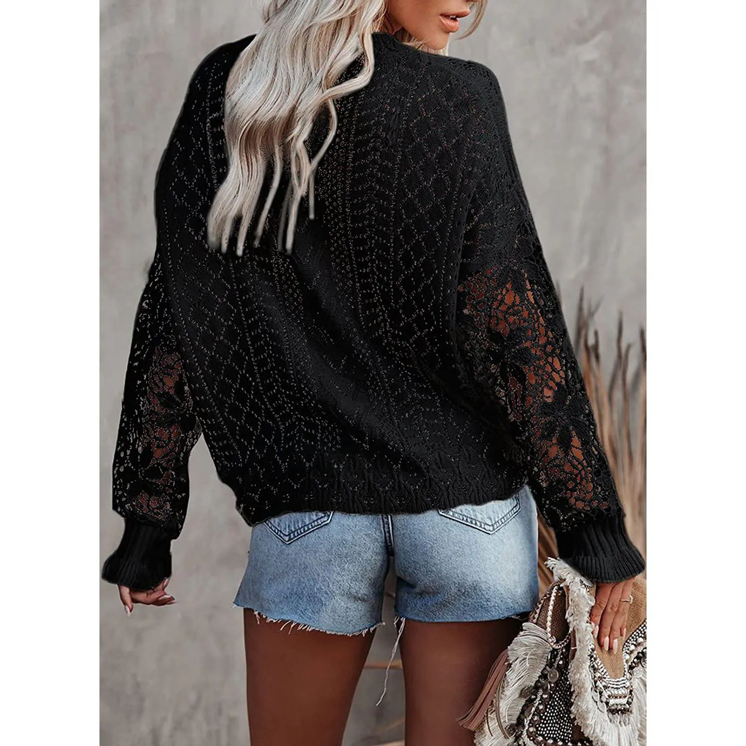 Women Lace Crew Neck Sweater