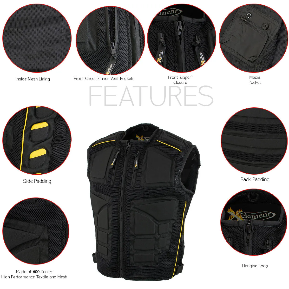 Xelement CF244 Men's 'Delta' Black Padded Tri-Tex Fabric and Mesh Vest